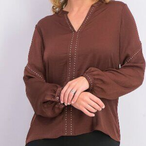 Goldray Brown Women Urla Studded Split Neck Blouse, Brown‎ Size Medium